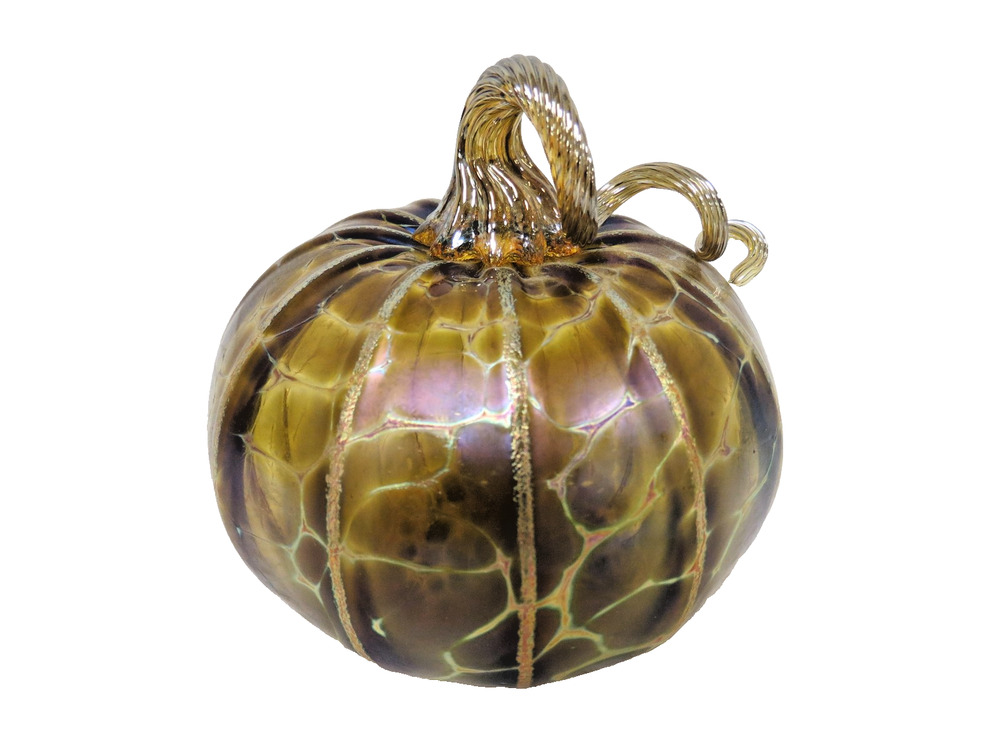 Hand Blown Art Glass Pumpkin Figurine Small Gold Crackle Iridescent Ribbed